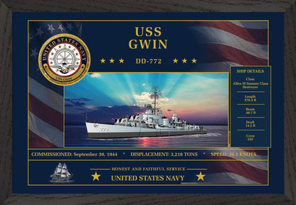 USS Gwin DD-772 Framed Patriotic Art