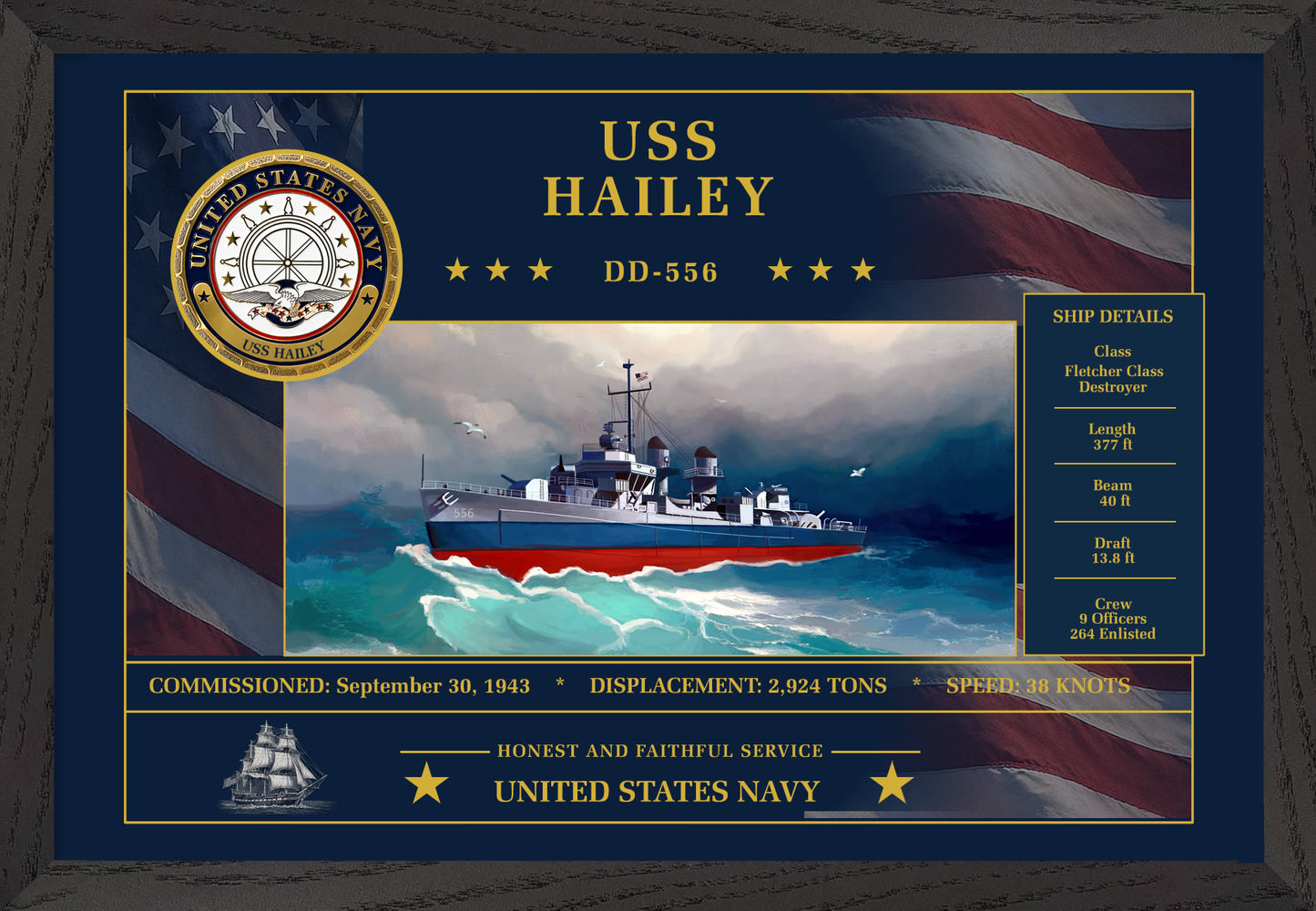 USS Hailey DD-556 Framed Patriotic Art