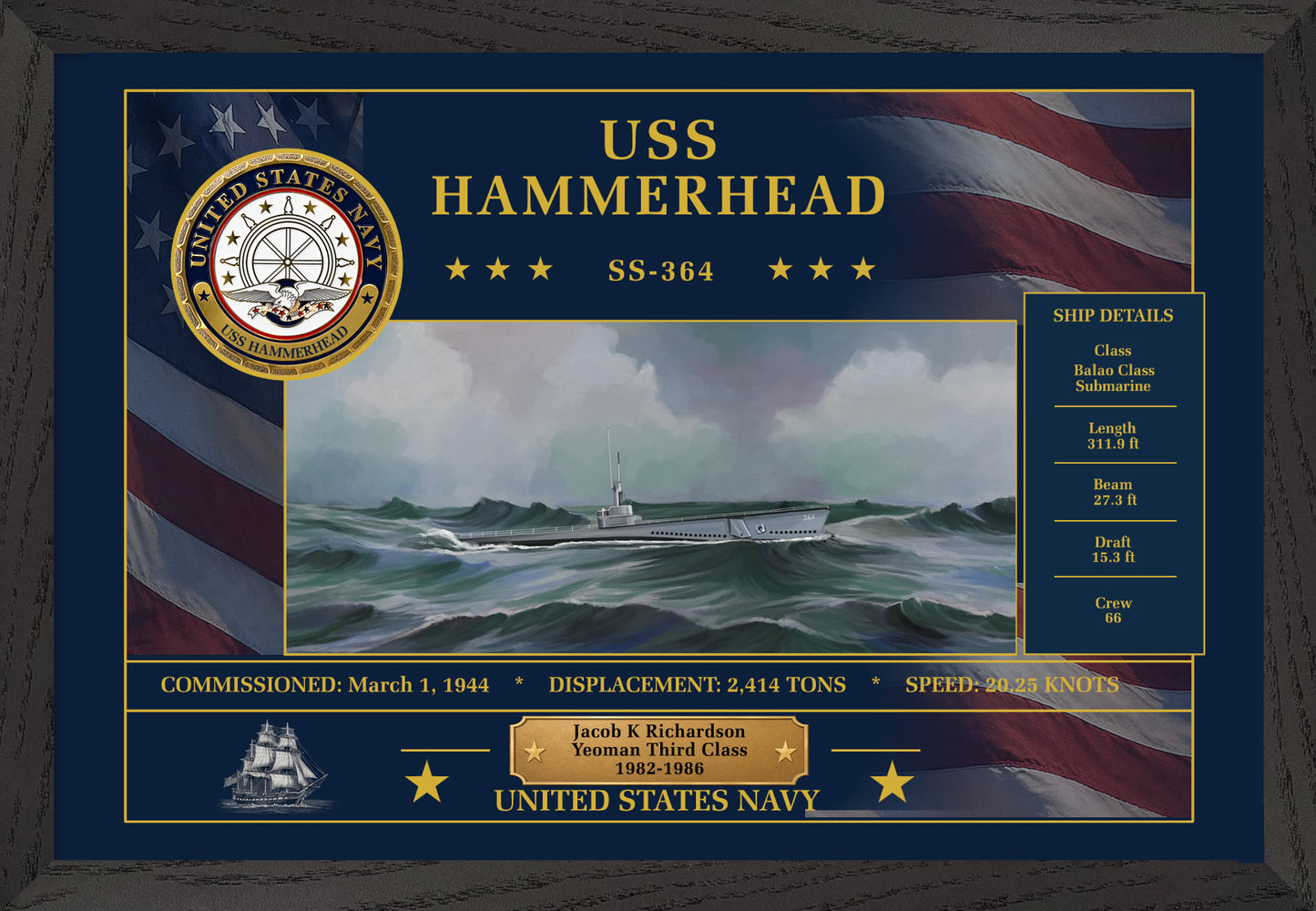 USS Hammerhead SS-364 Framed Patriotic Art