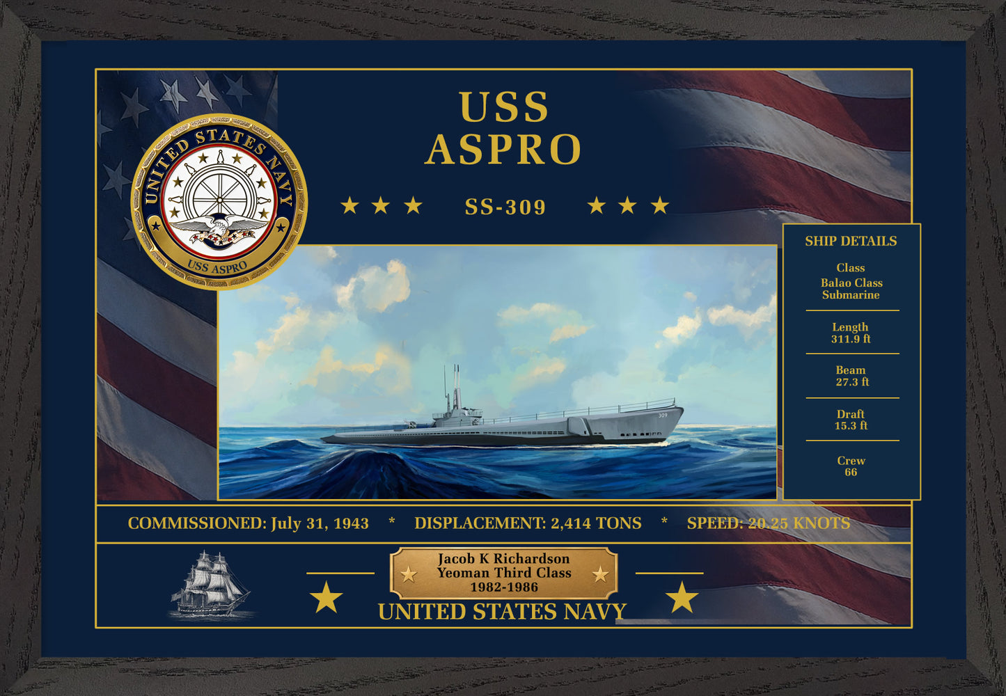 USS Aspro SS-309 Framed Patriotic Art