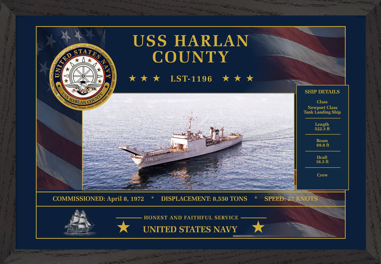 USS Harlan County LST-1196 Framed Patriotic Art