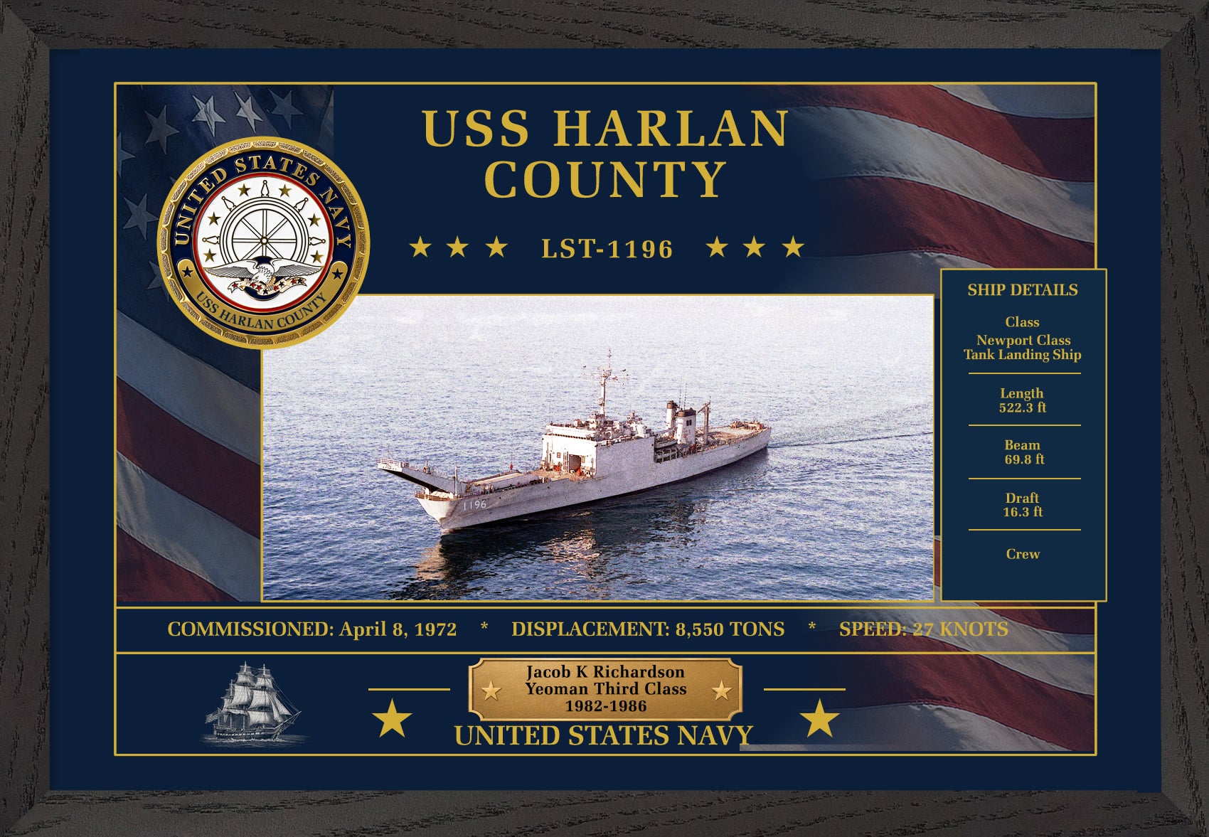 USS Harlan County LST-1196 Framed Patriotic Art