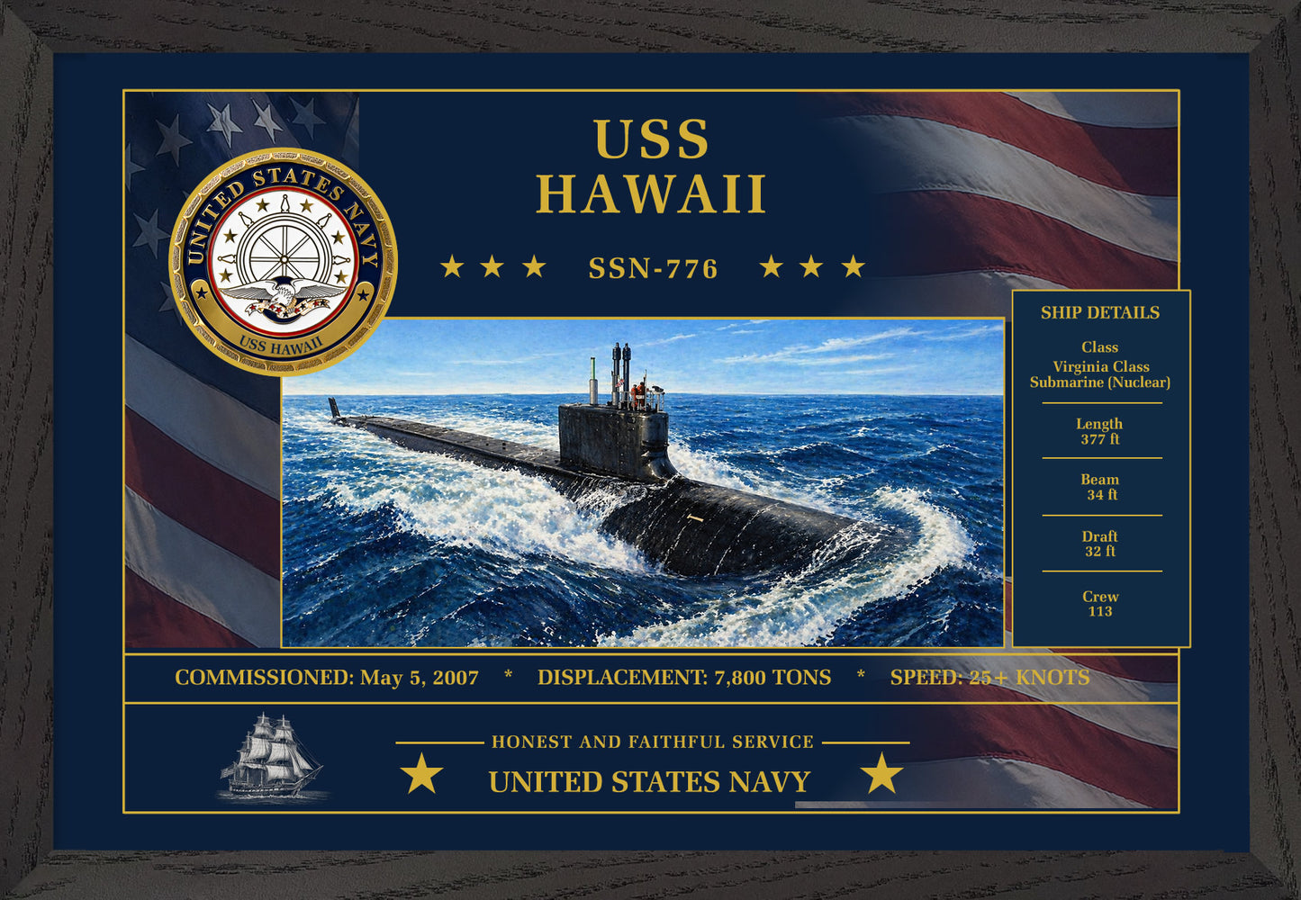 USS Hawaii SSN-776 Framed Patriotic Art