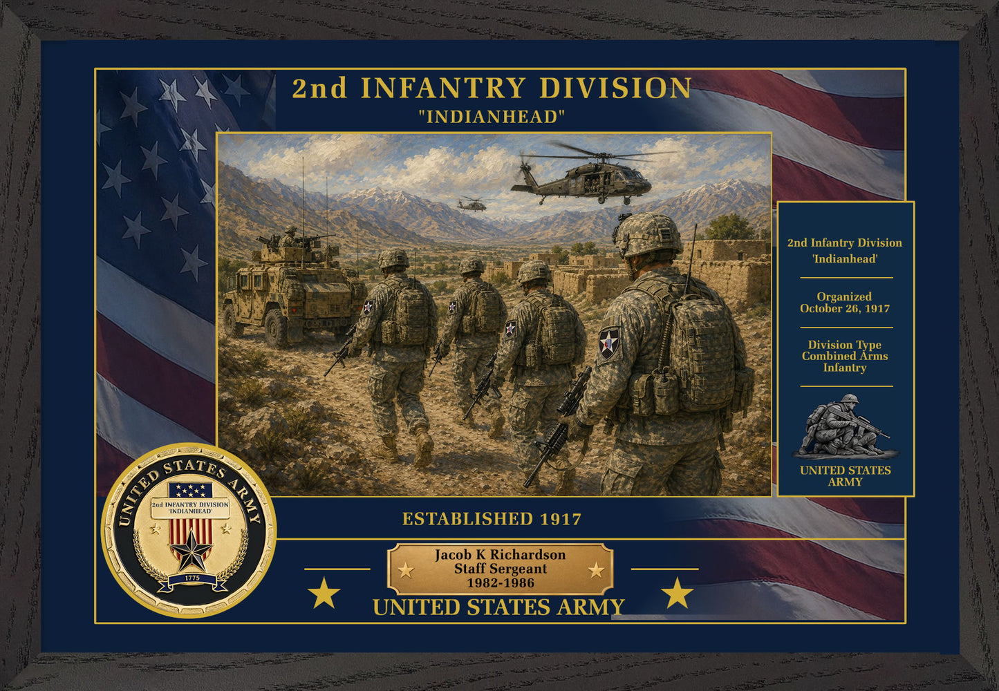 2ND INFANTRY DIVISION FRAMED PATRIOTIC ARMY ART - 9003