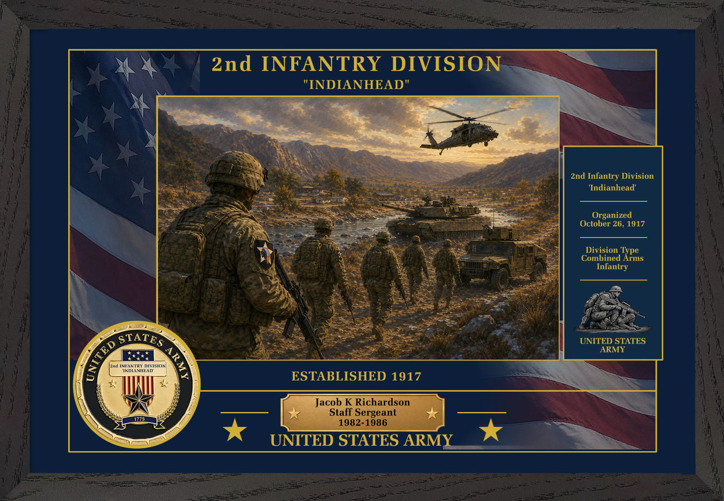 2ND INFANTRY DIVISION FRAMED PATRIOTIC ARMY ART - 9004