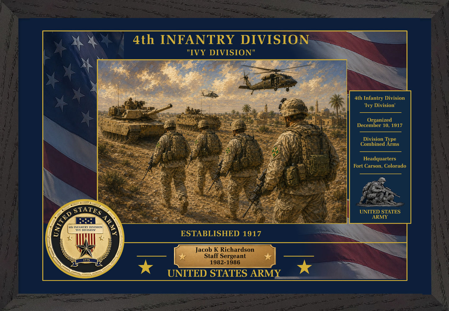 4TH INFANTRY DIVISION FRAMED PATRIOTIC ARMY ART - 9007