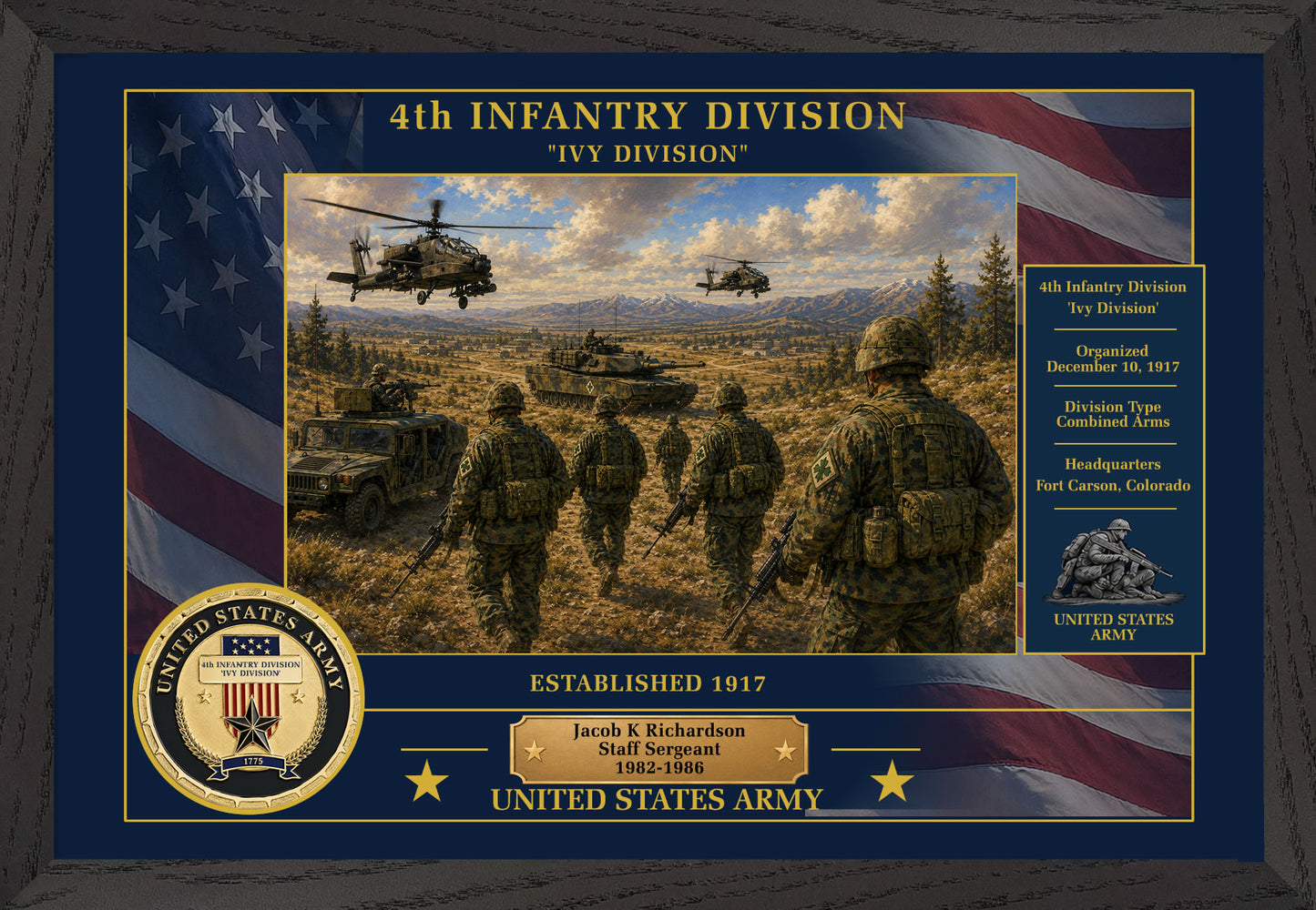 4TH INFANTRY DIVISION FRAMED PATRIOTIC ARMY ART - 9008