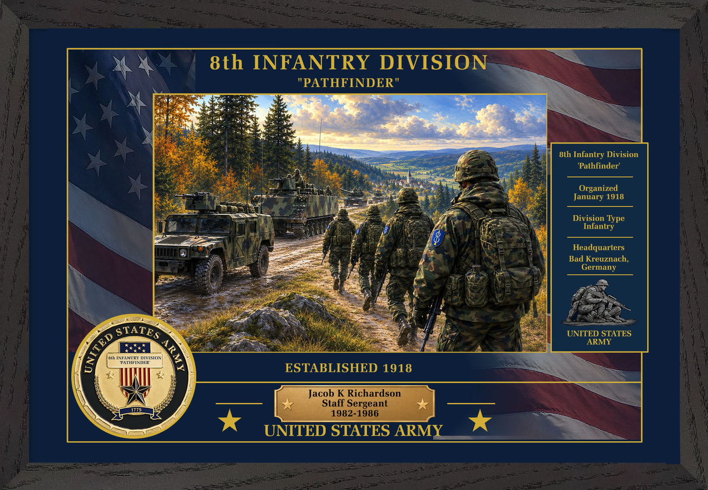 8TH INFANTRY DIVISION FRAMED PATRIOTIC ARMY ART - 9012