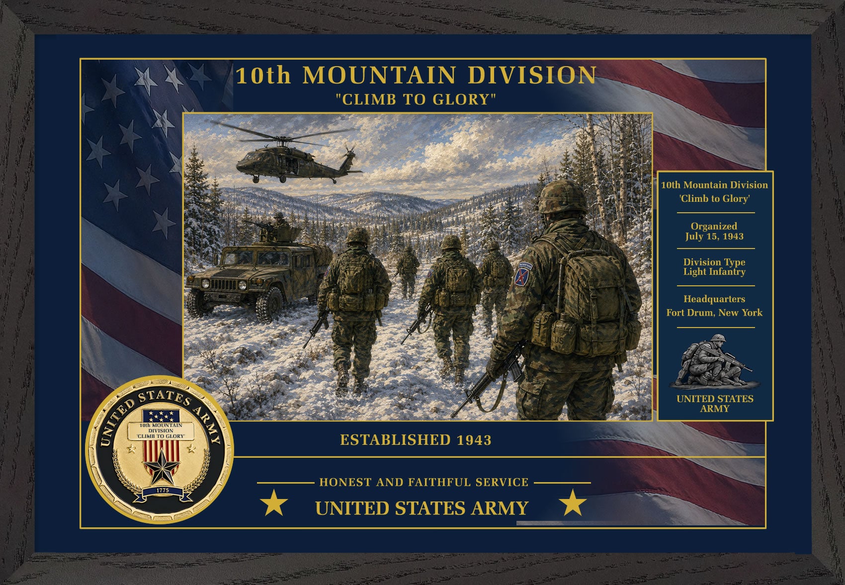10th Mountain Division Framed Patriotic Army Art