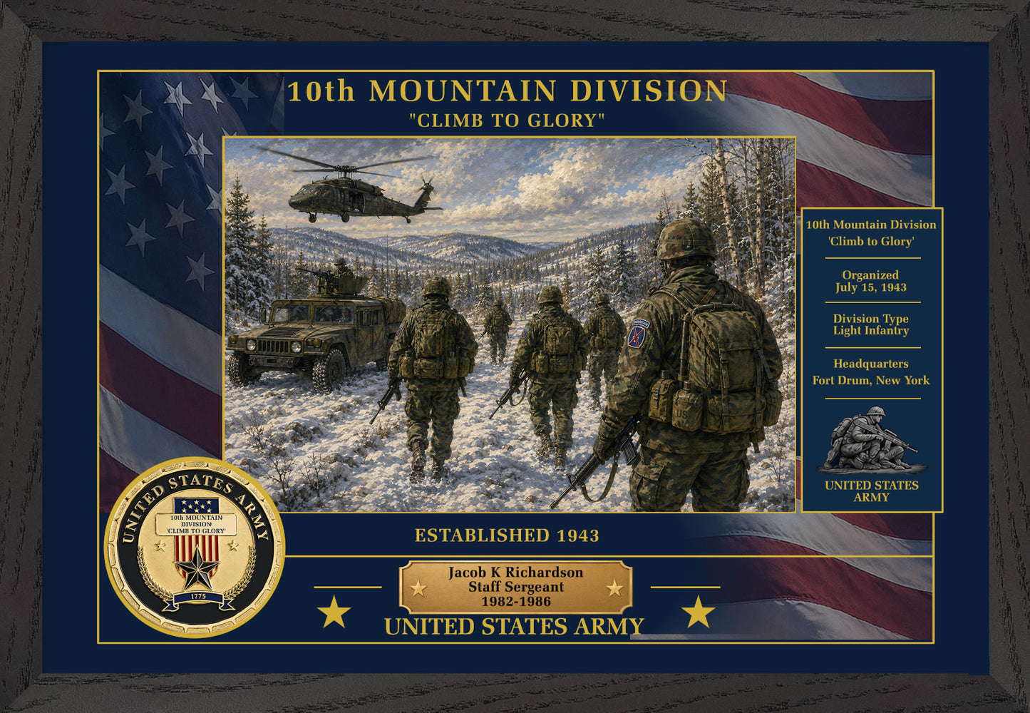 10TH MOUNTAIN DIVISION FRAMED PATRIOTIC ARMY ART - 9014