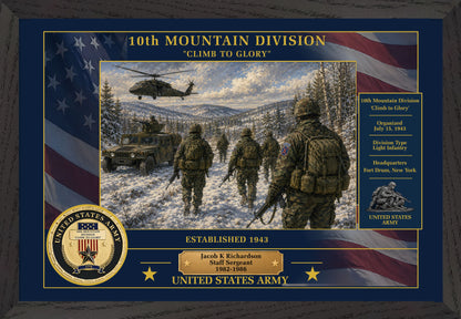 10TH MOUNTAIN DIVISION FRAMED PATRIOTIC ARMY ART - 9014