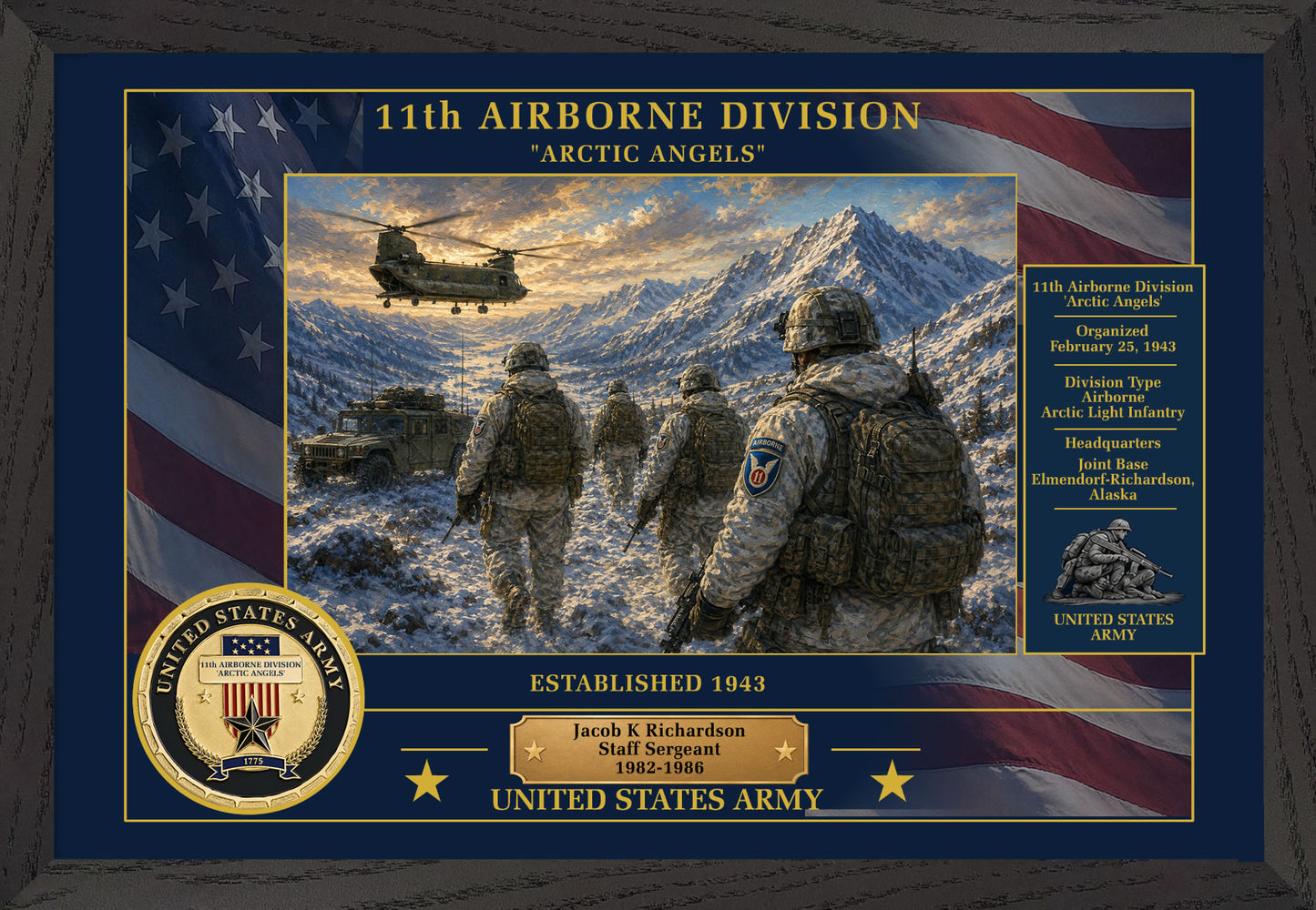 11TH AIRBORNE DIVISION FRAMED PATRIOTIC ARMY ART - 9015