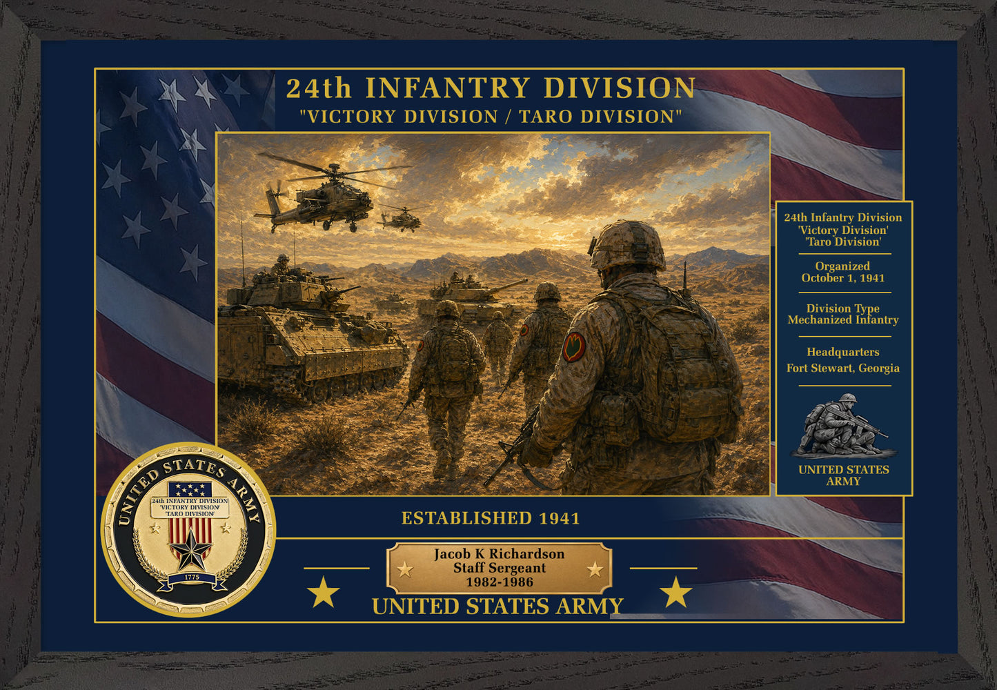 24TH INFANTRY DIVISION FRAMED PATRIOTIC ARMY ART - 9017