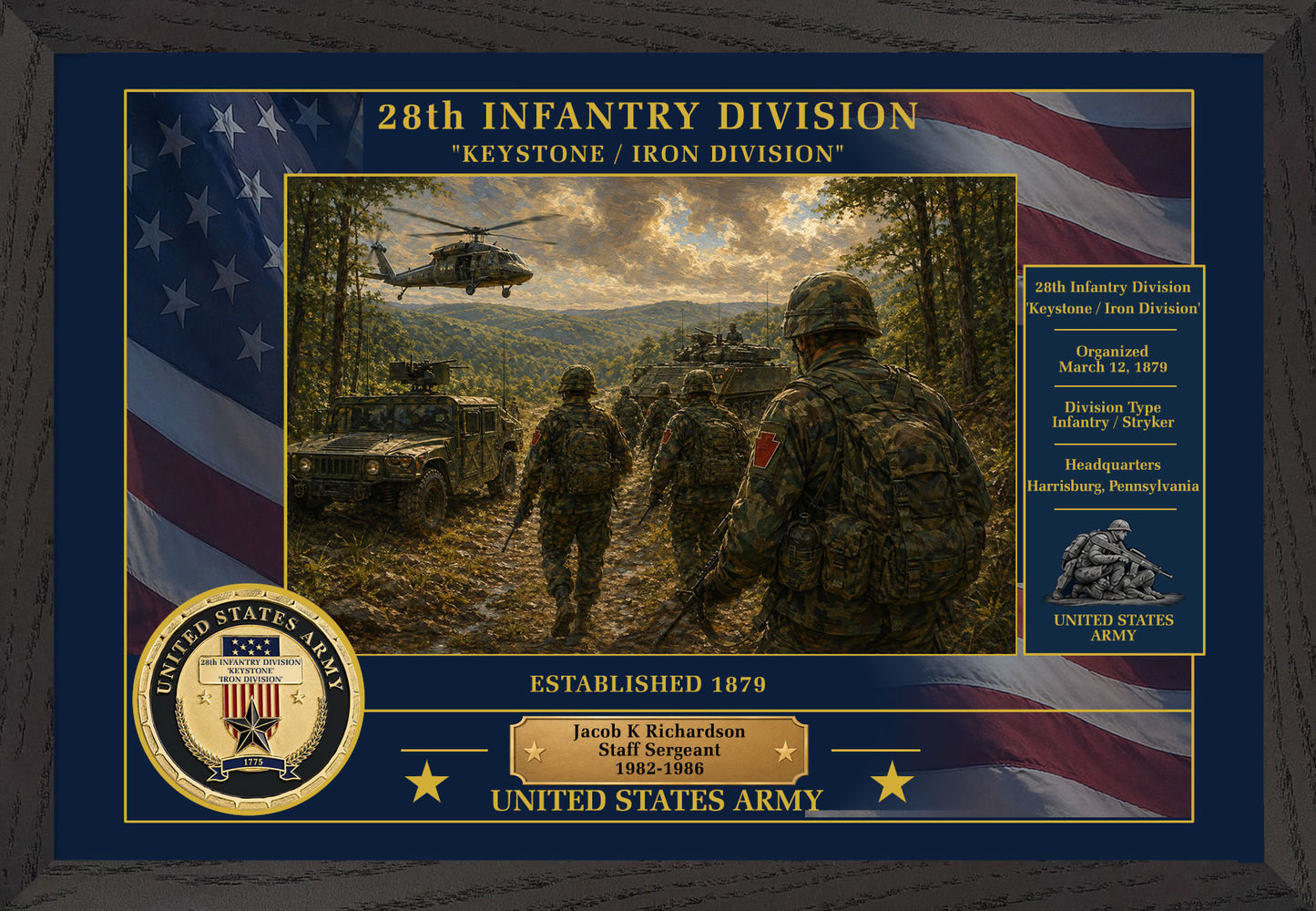 28TH INFANTRY DIVISION FRAMED PATRIOTIC ARMY ART - 9019