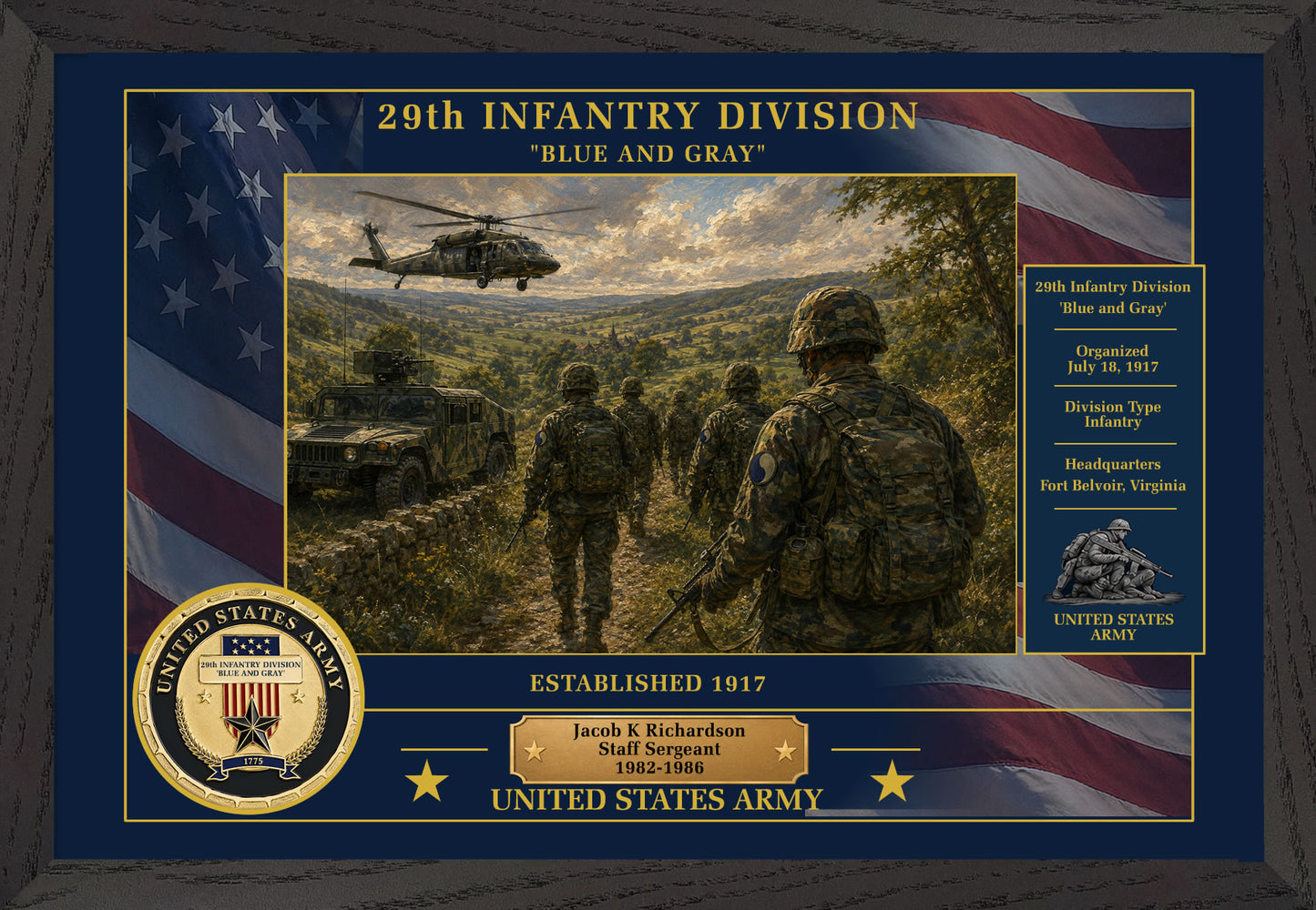 29TH INFANTRY DIVISION FRAMED PATRIOTIC ARMY ART - 9020