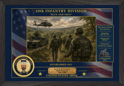 29TH INFANTRY DIVISION FRAMED PATRIOTIC ARMY ART - 9020