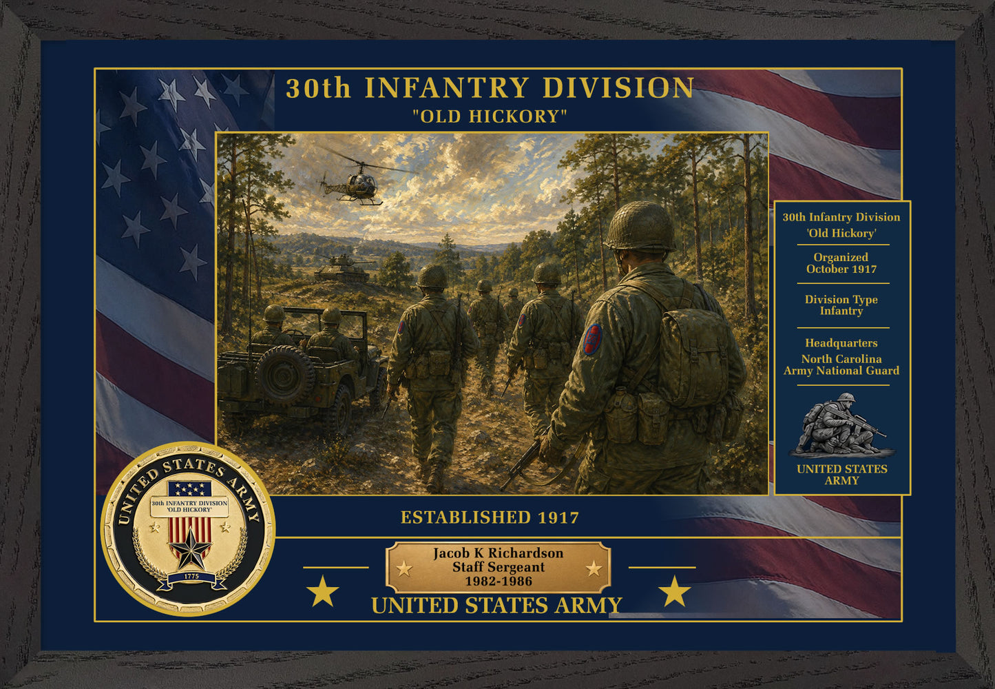 30TH INFANTRY DIVISION FRAMED PATRIOTIC ARMY ART - 9021