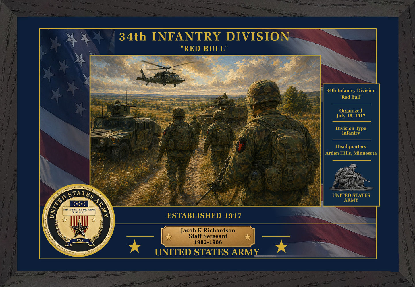 34TH INFANTRY DIVISION FRAMED PATRIOTIC ARMY ART - 9023