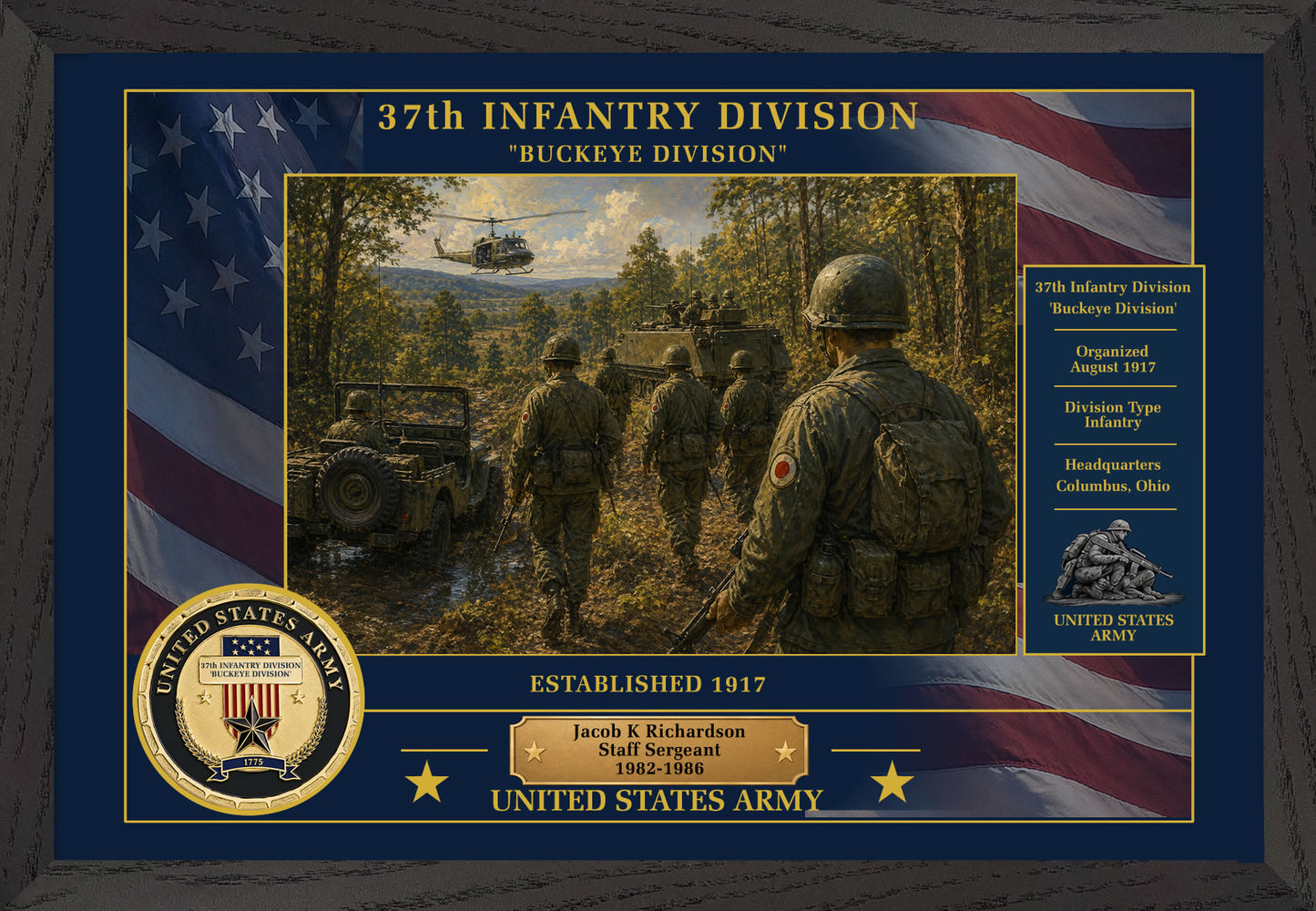 37TH INFANTRY DIVISION FRAMED PATRIOTIC ARMY ART - 9024