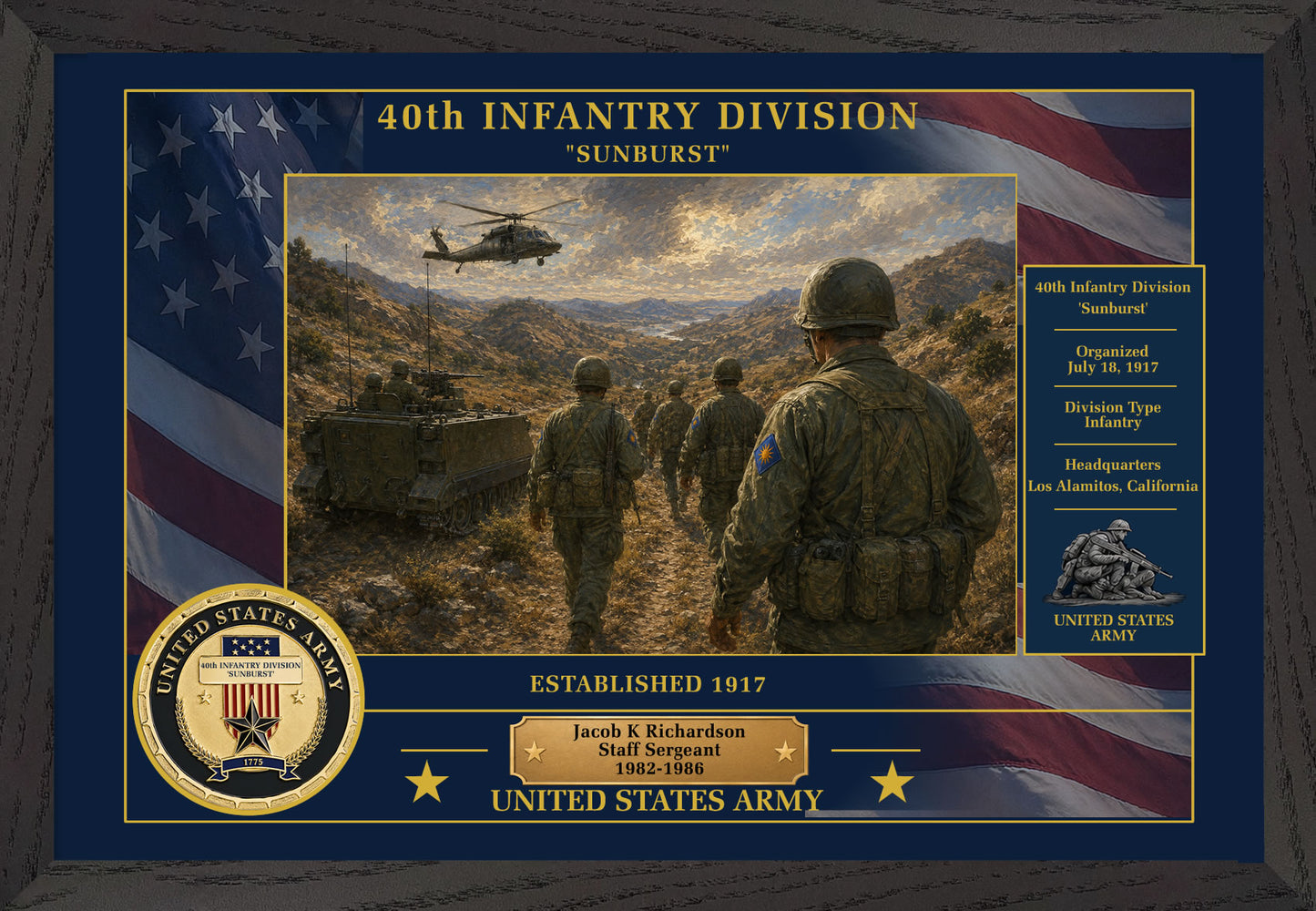 40TH INFANTRY DIVISION FRAMED PATRIOTIC ARMY ART - 9026