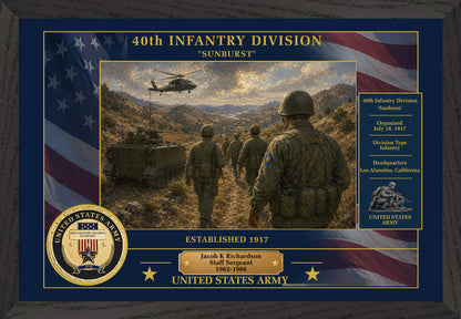 40TH INFANTRY DIVISION FRAMED PATRIOTIC ARMY ART - 9026