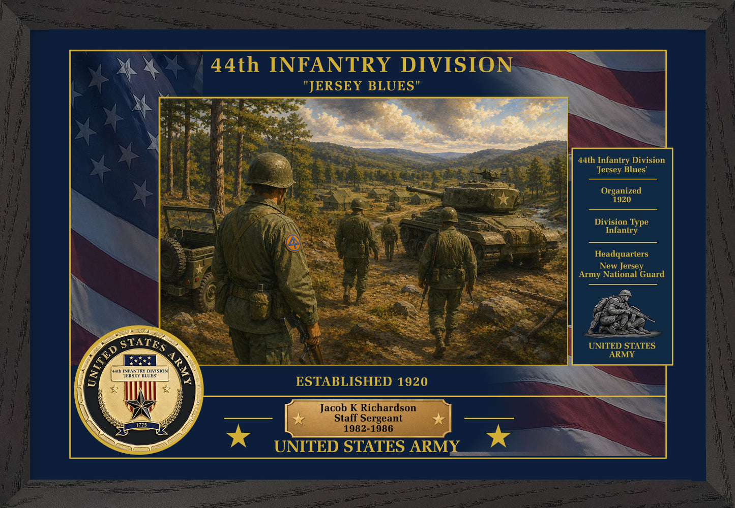 44TH INFANTRY DIVISION FRAMED PATRIOTIC ARMY ART - 9029