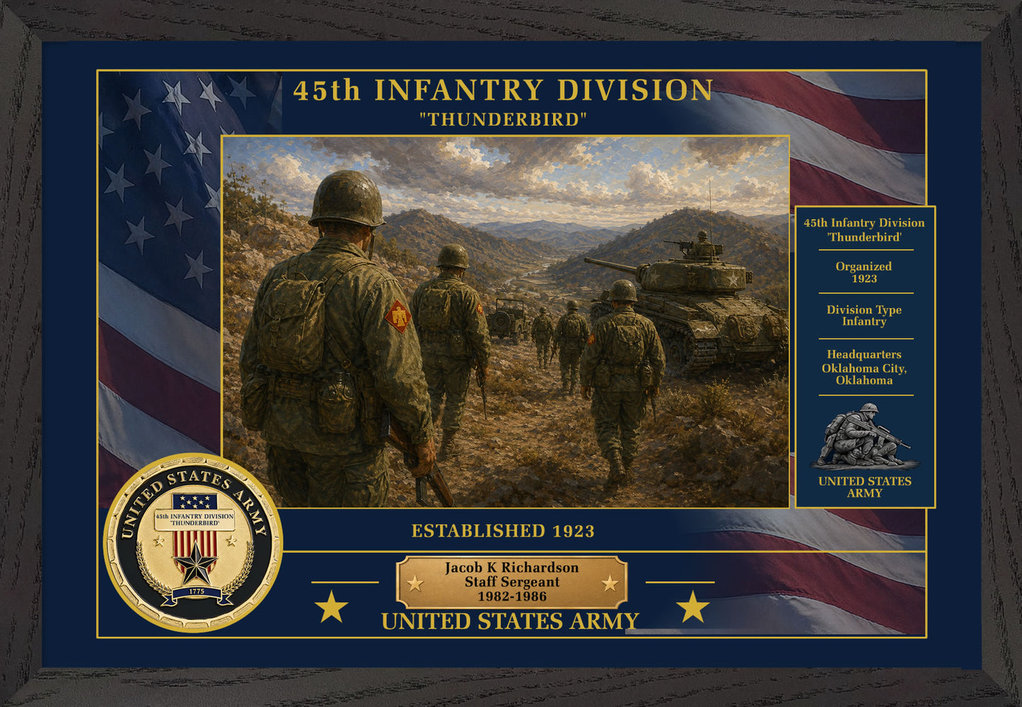 45TH INFANTRY DIVISION FRAMED PATRIOTIC ARMY ART - 9030