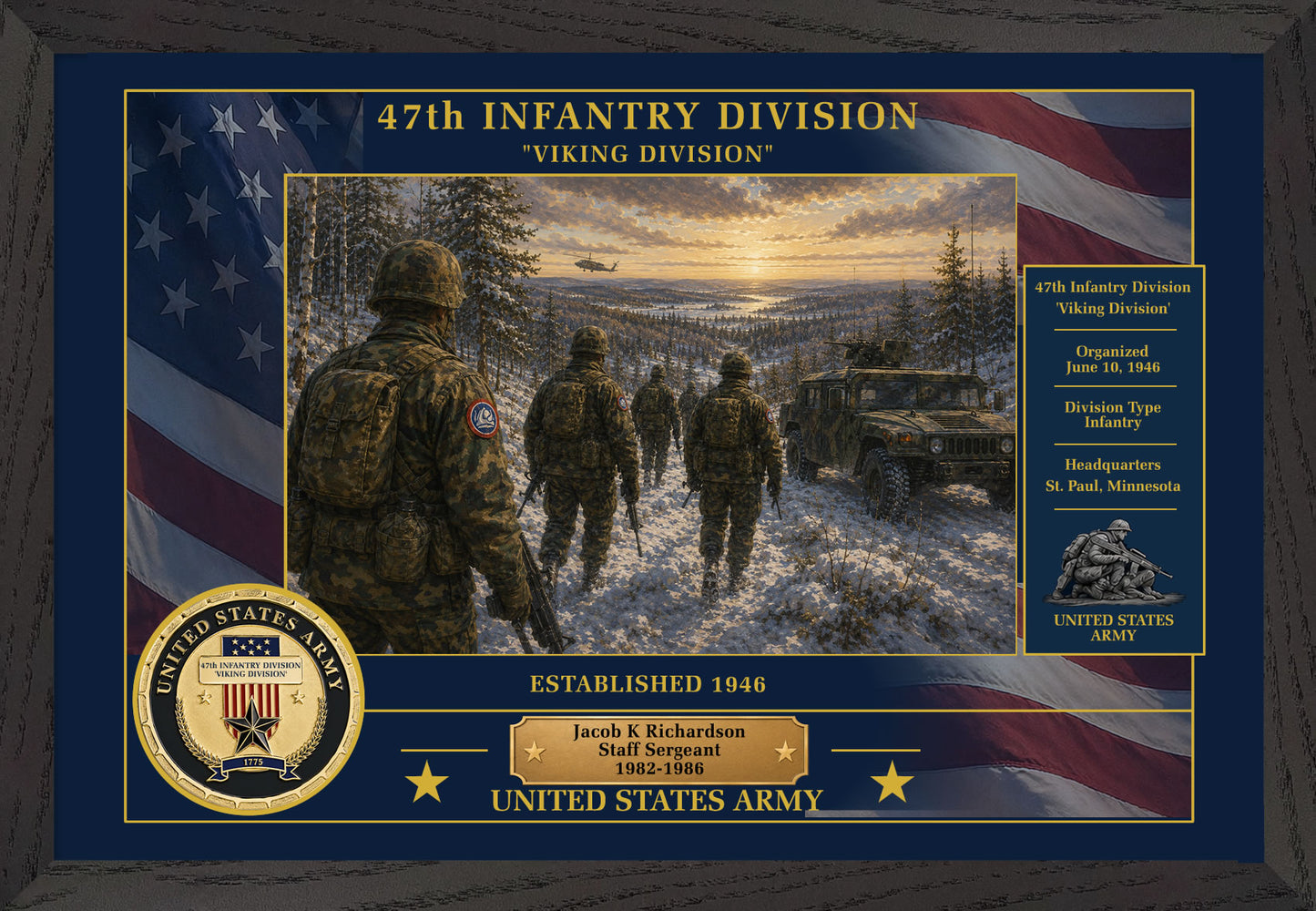 47TH INFANTRY DIVISION FRAMED PATRIOTIC ARMY ART - 9031
