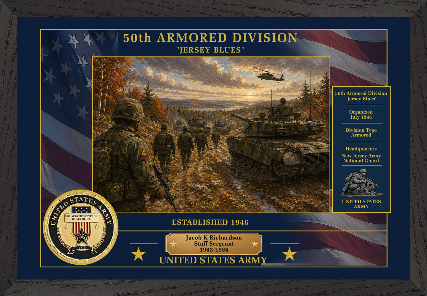 50TH ARMORED DIVISION FRAMED PATRIOTIC ARMY ART - 9033
