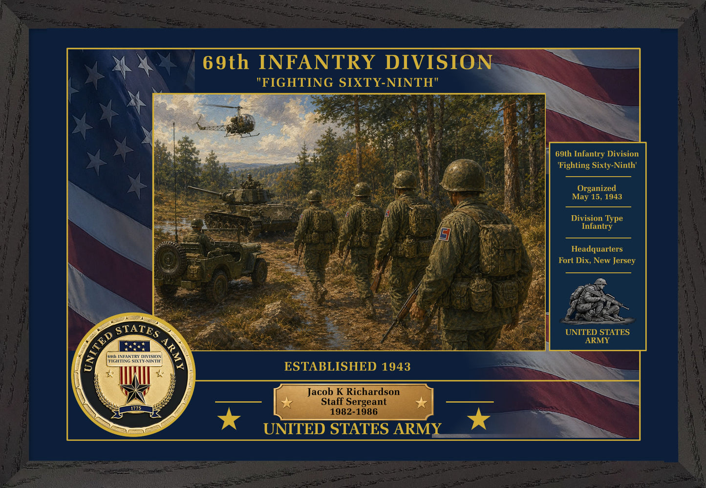69TH INFANTRY DIVISION FRAMED PATRIOTIC ARMY ART - 9035