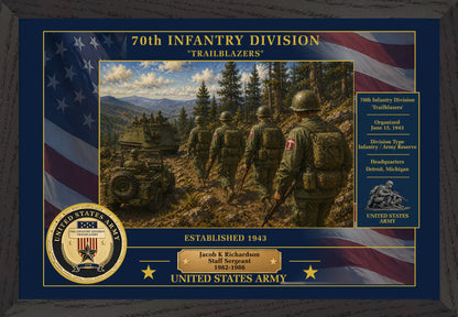 70TH INFANTRY DIVISION FRAMED PATRIOTIC ARMY ART - 9036