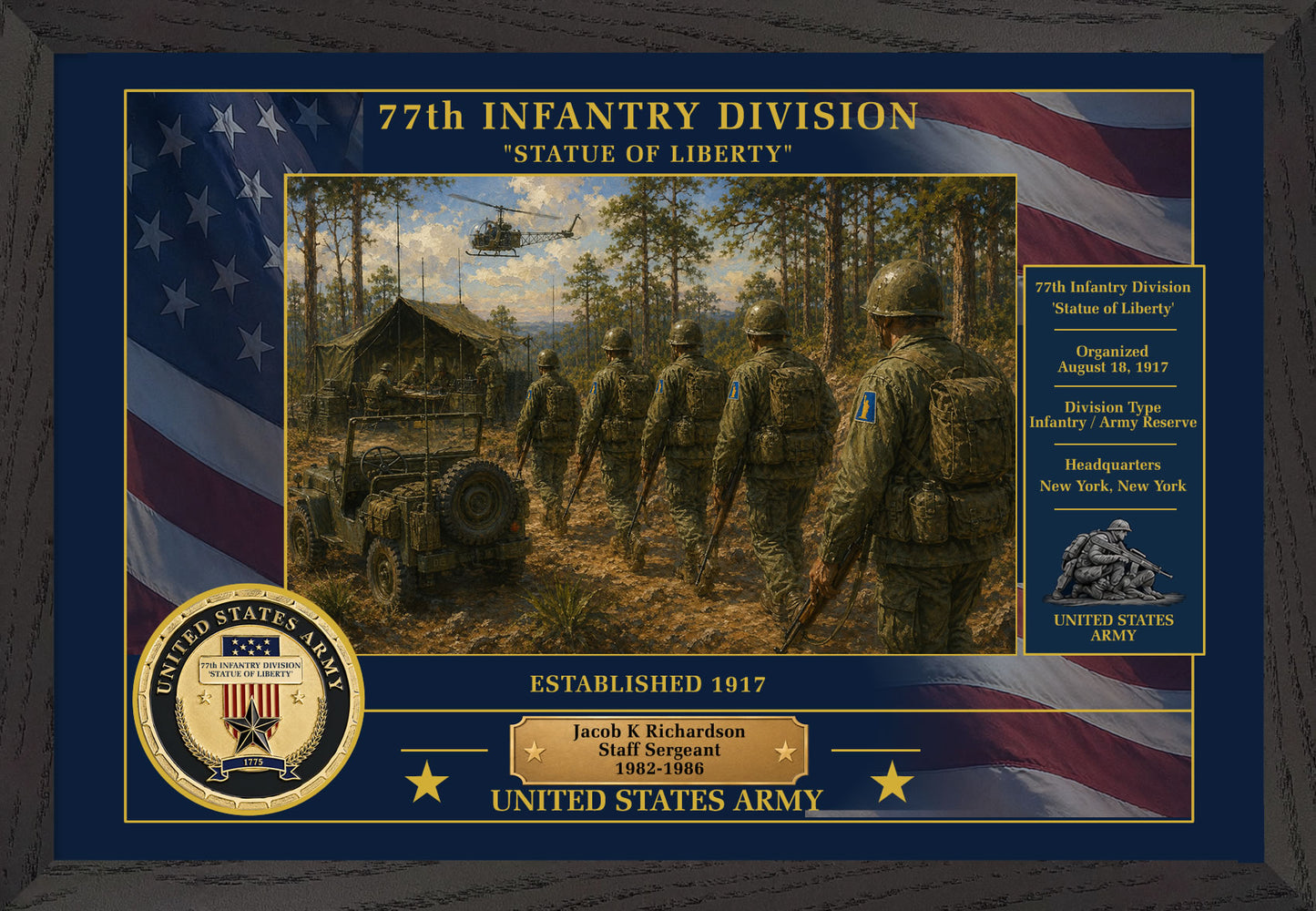 77TH INFANTRY DIVISION FRAMED PATRIOTIC ARMY ART - 9037
