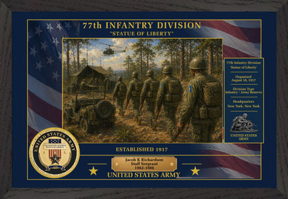 77TH INFANTRY DIVISION FRAMED PATRIOTIC ARMY ART - 9037