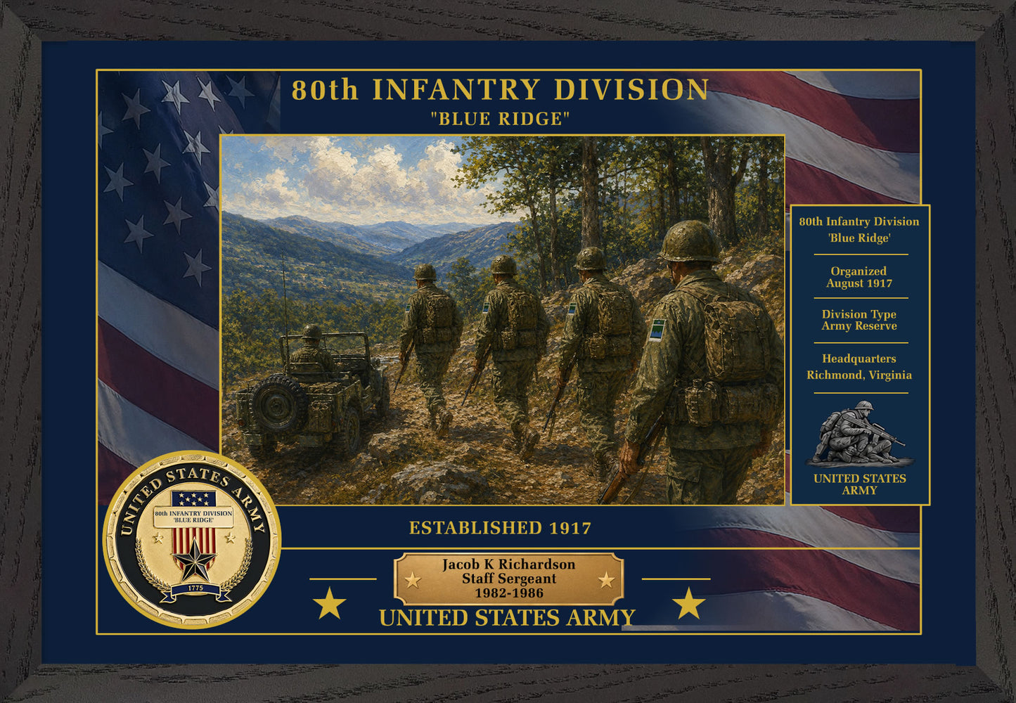 80TH INFANTRY DIVISION FRAMED PATRIOTIC ARMY ART - 9038