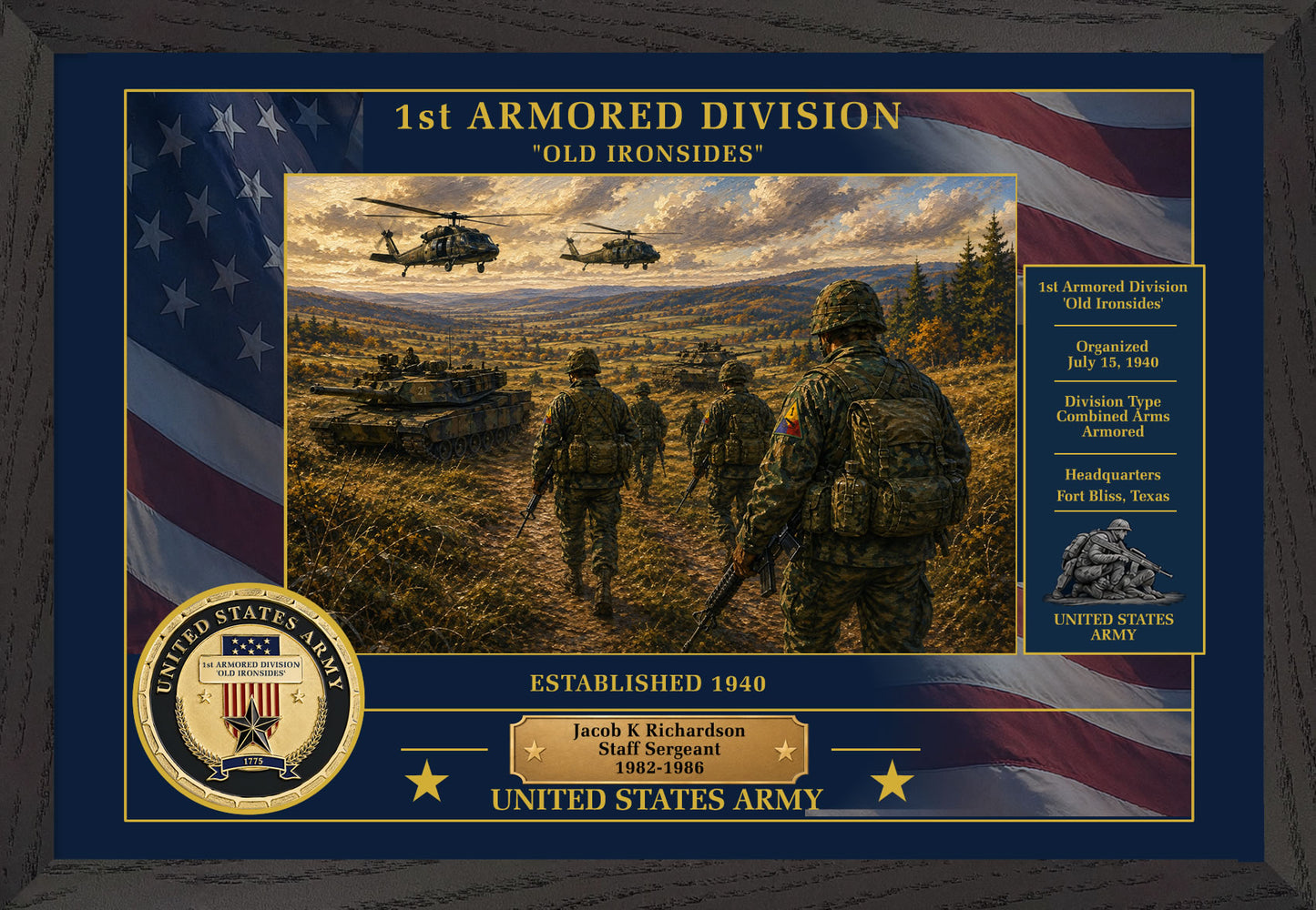 1ST ARMORED DIVISION FRAMED PATRIOTIC ARMY ART - 9040