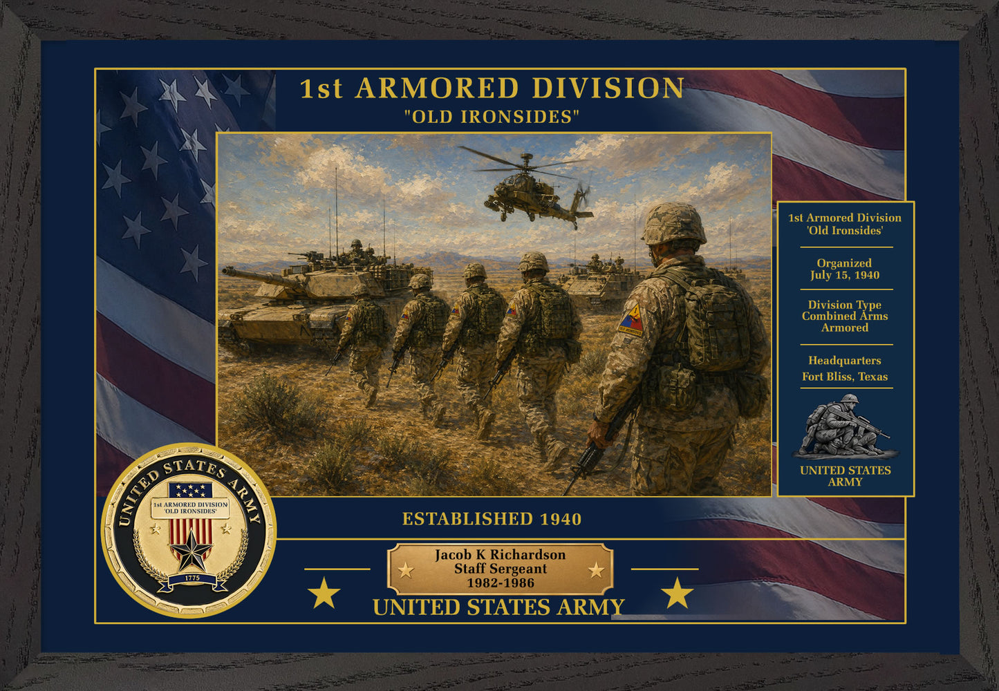 1ST ARMORED DIVISION FRAMED PATRIOTIC ARMY ART - 9041