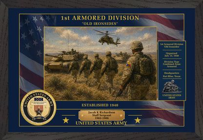 1ST ARMORED DIVISION FRAMED PATRIOTIC ARMY ART - 9041