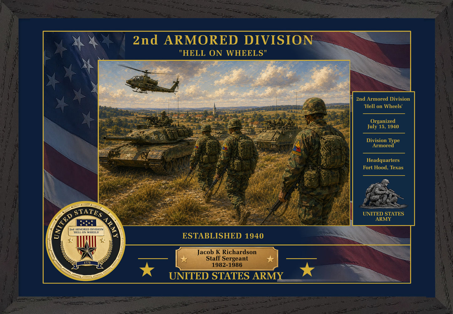2ND ARMORED DIVISION FRAMED PATRIOTIC ARMY ART - 9042