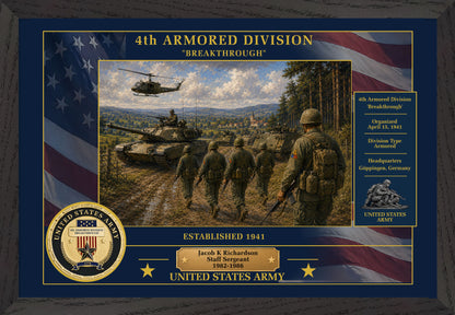 4TH ARMORED DIVISION FRAMED PATRIOTIC ARMY ART - 9045