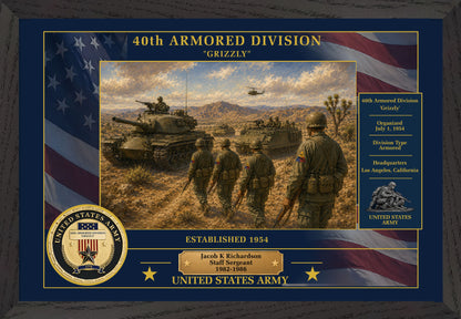 40TH ARMORED DIVISION FRAMED PATRIOTIC ARMY ART - 9046
