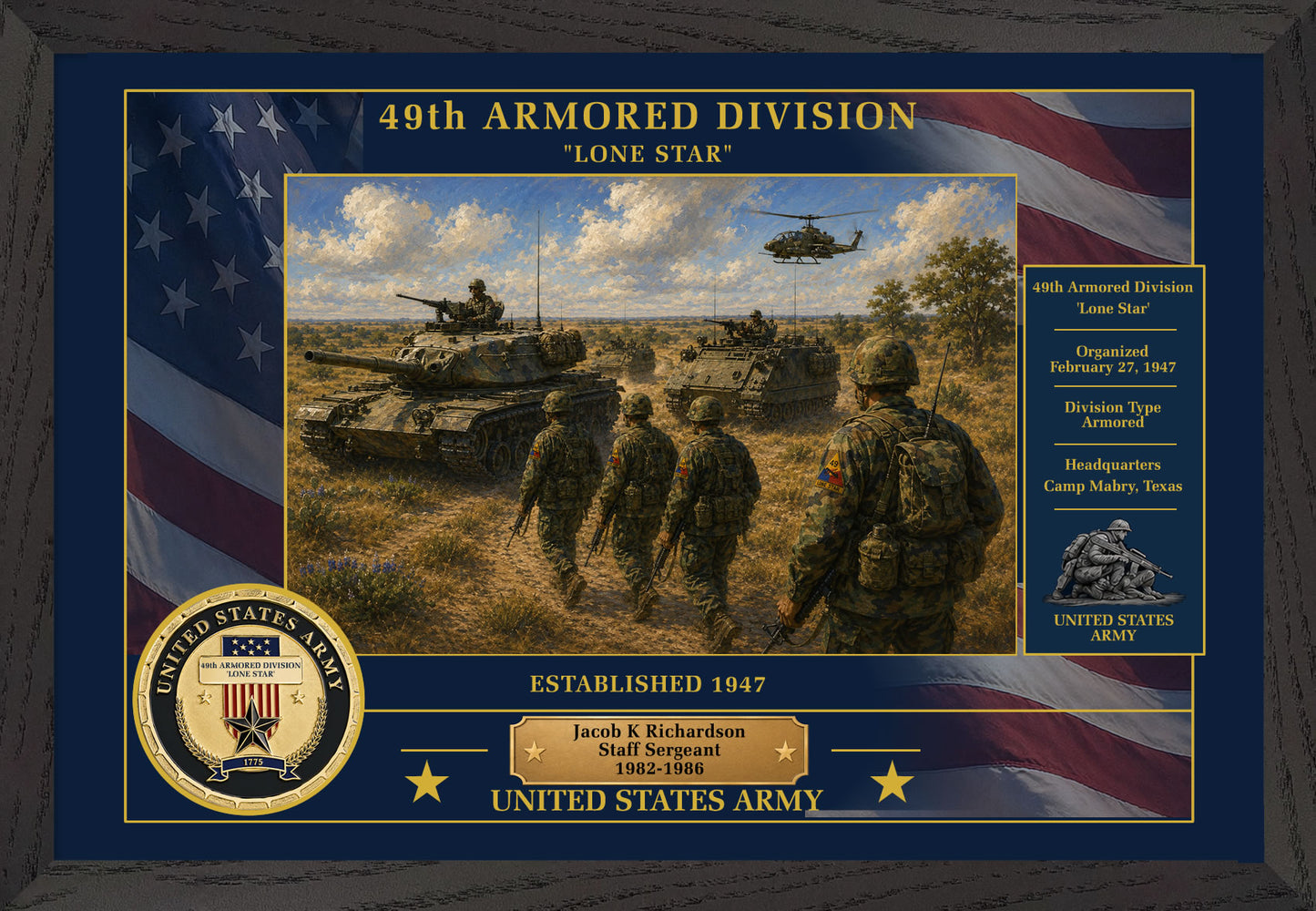 49TH ARMORED DIVISION FRAMED PATRIOTIC ARMY ART - 9048