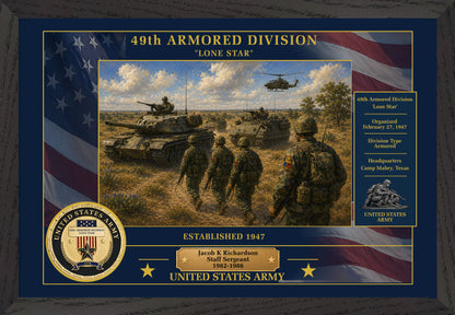 49TH ARMORED DIVISION FRAMED PATRIOTIC ARMY ART - 9048