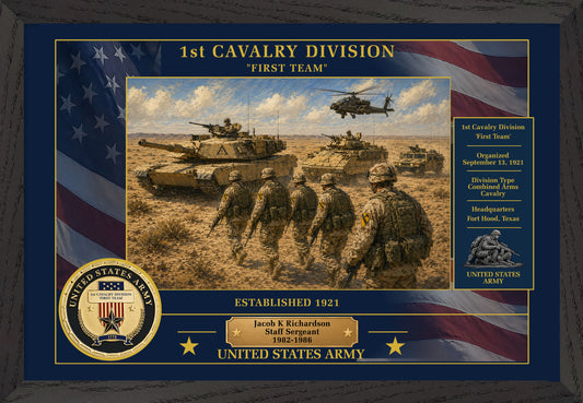1ST CAVALRY DIVISION FRAMED PATRIOTIC ARMY ART - 9049