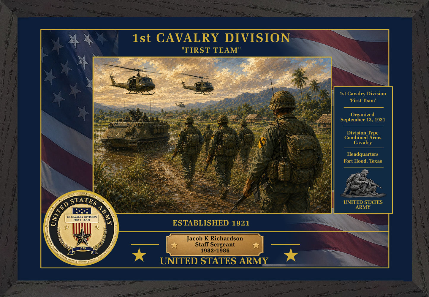 1ST CAVALRY DIVISION FRAMED PATRIOTIC ARMY ART - 9050