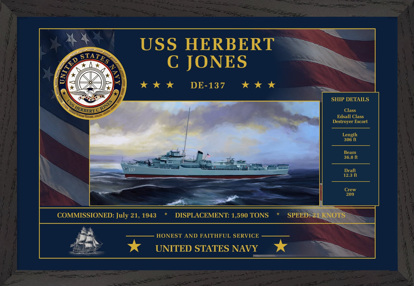 USS Herbert C Jones DE-137 Framed Patriotic Art