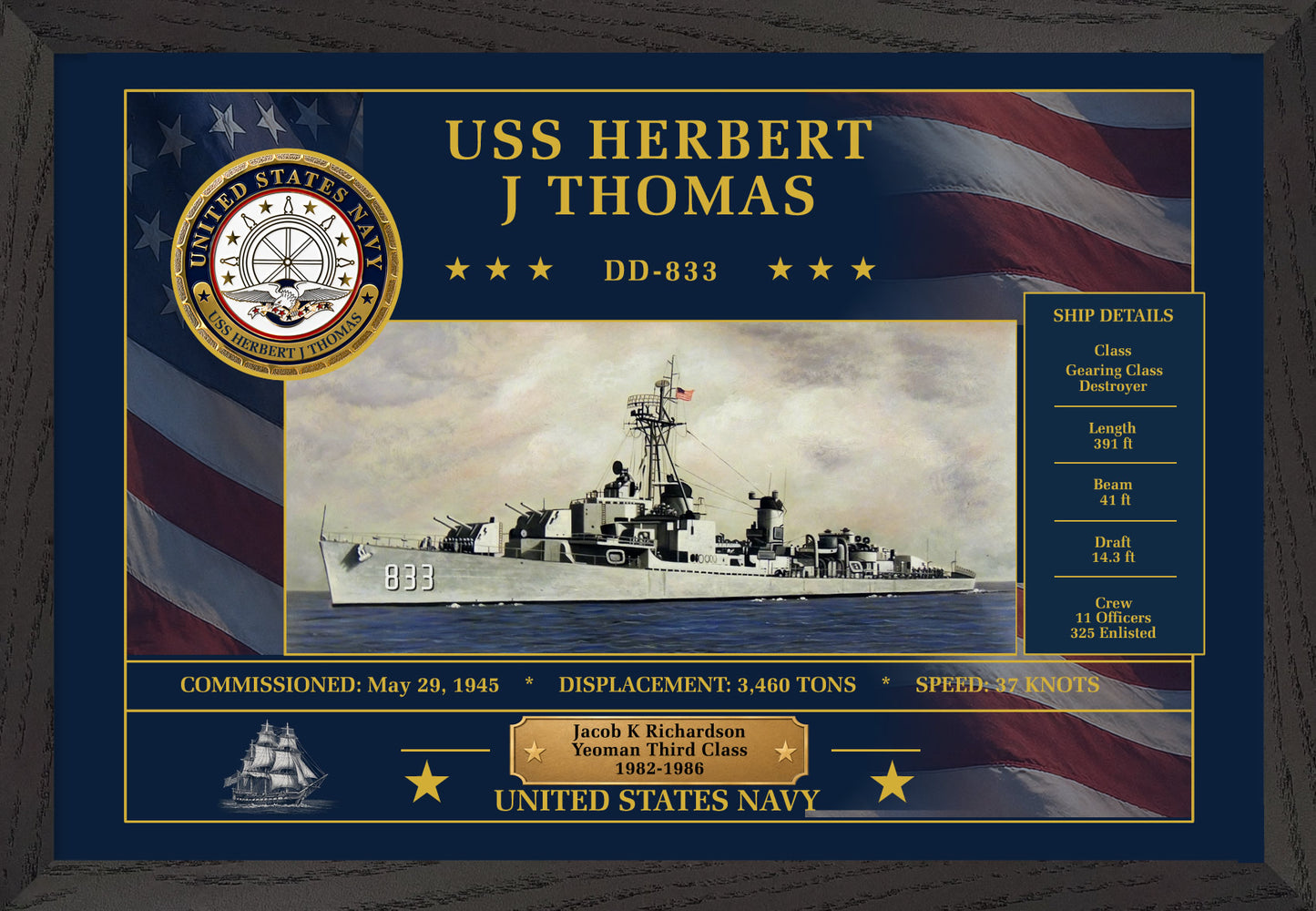 USS Herbert J Thomas DD-833 Framed Patriotic Art