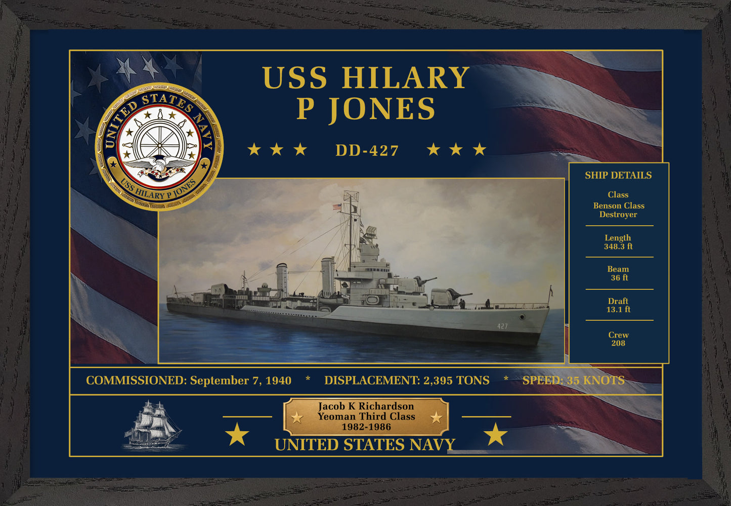 USS Hilary P Jones DD-427 Framed Patriotic Art