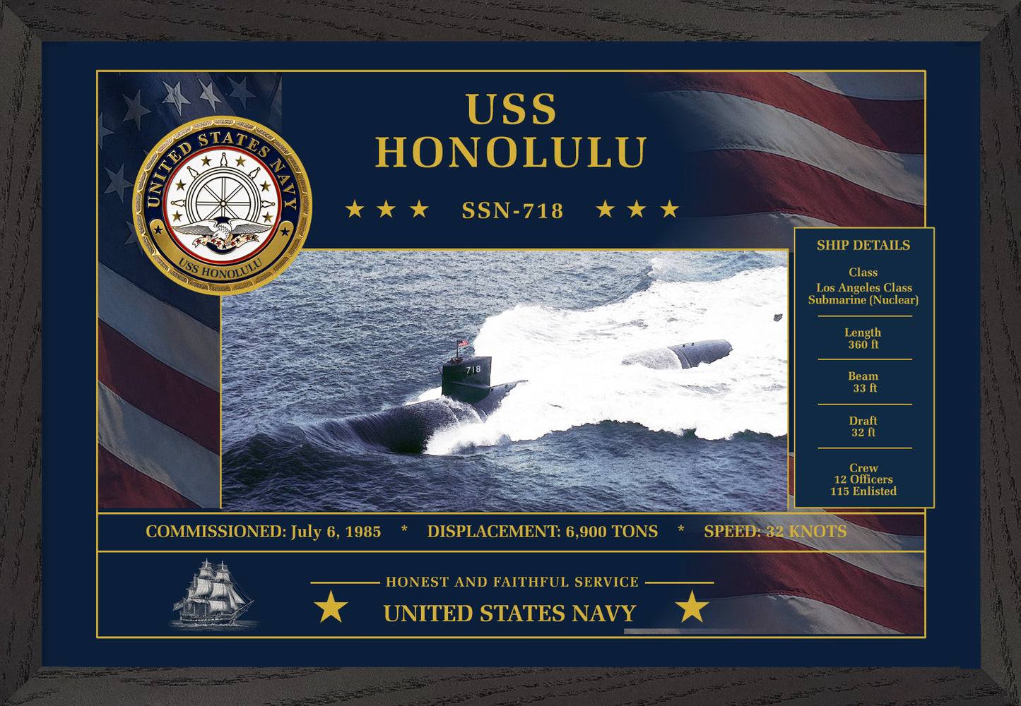 USS Honolulu SSN-718 Framed Patriotic Art