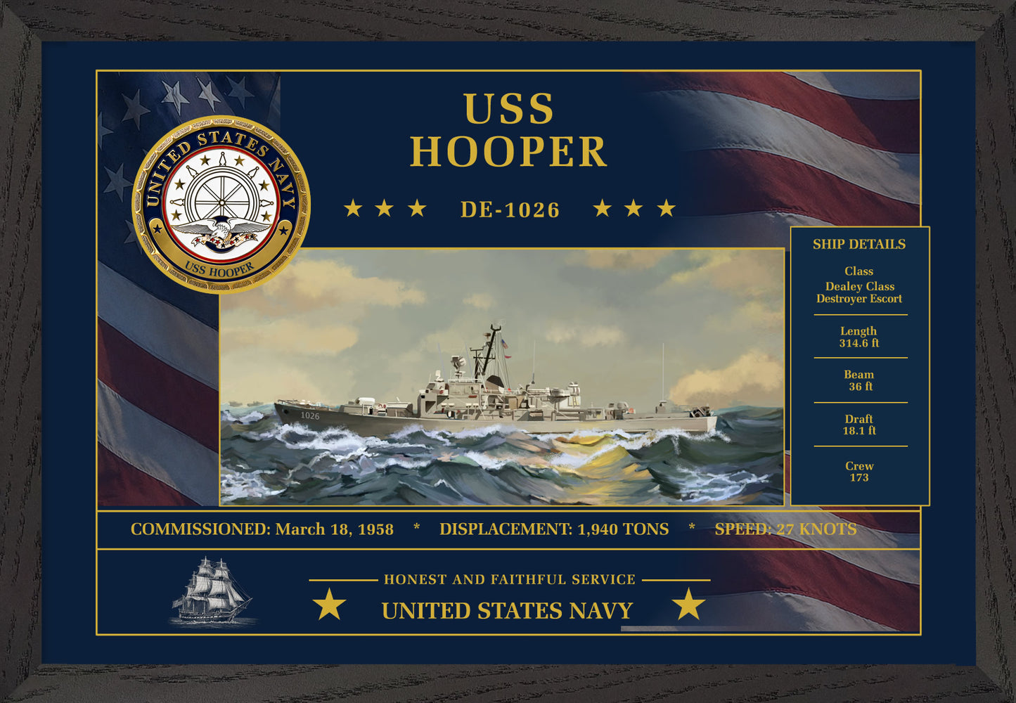 USS Hooper DE-1026 Framed Patriotic Art