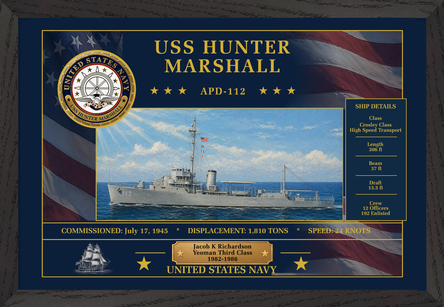 USS Hunter Marshall APD-112 Framed Patriotic Art